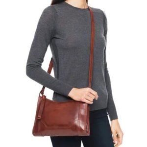 Frye crossbody zipper purse in cognac/red clay